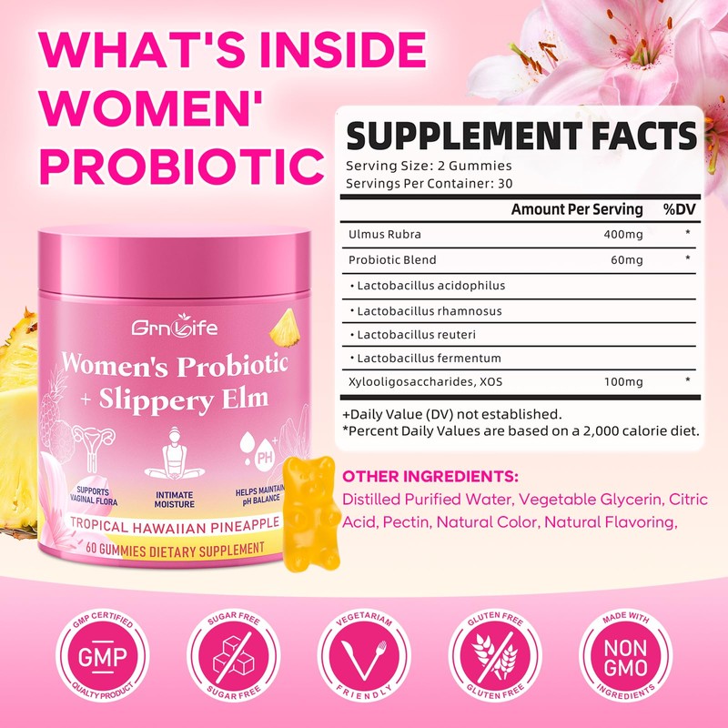 Women's Probiotic Slippery Elm Gummies, Her Juicy Feminine Probiotics Gummies