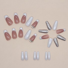 Ceboic Pack of 24 False Nails for Sticking, Short Square French Press On Nails, White Pink Artificial Nails with Rhinestones, Acrylic Full Cover Nail Tips for Women Girls