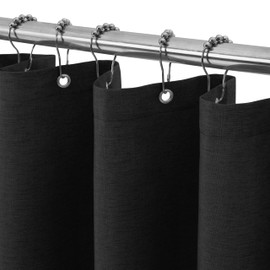 VANZAVANZU Shower Curtain for Bathroom with Metal Hooks Linen Fabric Shower Curtain Heavy Duty Bath Curtain for Wet Room Bathtub Shower Stall, Weighted Hem, Waterproof - 92 x 182cm (Black)