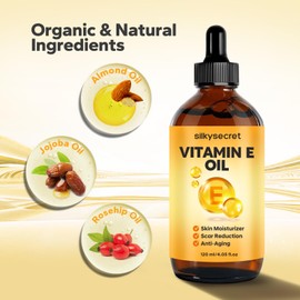 SilkySecret Organic Vitamin E Oil (4.05 Fl Oz), 50,000 IU Face and Body Moisturizer with Almond, Jojoba, and Rosehip Oils, Skincare & Face Moisturizer for Healthy Radiant Skin