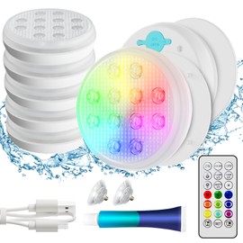 QOLNBY Pool Lights, Rechargeable Submersible LED Lights, IP68 Waterproof Underwater Lights,16 Color Changing Floating Lights with Remote, Magnets, Suction Cups for Bathtub,Pond,Party-6 Pack
