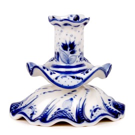 JSC Gzhel Decorative Candle Stand Openwork Medium Candle Holder. Blue&White Porcelain. Gzhel Table Centerpiece