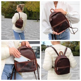 Corno d´Oro Premium Women's Small Leather Backpack Handmade Leather Backpack Vintage Mini Elegant I City Backpack Daypack Brown