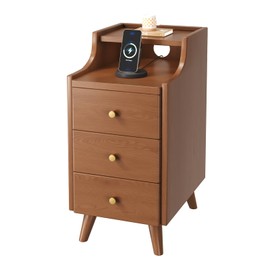 Narrow Nightstand 11.8" for Small Spaces, Solid Wood Night Stand with Drawers Side Table Mid Century Modern End Table for Bedroom