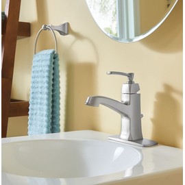Moen Conway Spot Resist Brushed Nickel One-Handle Single Hole or Centerset Bathroom Faucet with Drain Assembly, WS84923