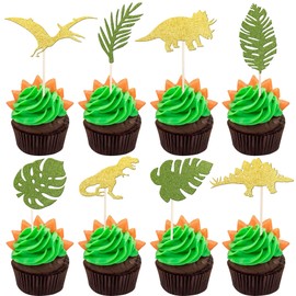 Juego de 24 adornos de dinosaurio con purpurina dorada para cupcakes con hojas de palma verde T-Rex para cupcakes, diseño de dinosaurios de dragón, baby shower, fiesta de cumpleaños, decoración de tartas