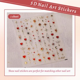 Shimmerz 5D Relief Gold Star Nail Stickers Red Heart and Moon Nail Art Stickers for Valentine's Day DIY Manicure