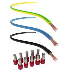 CusoTec Wiring Cable Set, 10 mm² Single Core Cable Wiring Bridges for Meter Square, Black 3 m / Blue 1 m / Green Yellow 1 m, With 10 Wire End Ferrules