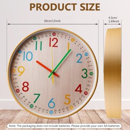 BORDEAG Wall Clock Without Ticking Noises 30 cm Learning Clock Learning Colourful Numbers Modern Quartz Silent Wall Clock Decorative Clock Colourful Clock Easy to Read for Living Room Bedroom School