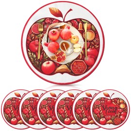 Teenyyou 6 Pcs Rosh Hashanah Placemats Jewish New Year Decorations Apples Pomegranate Washable Red Round Non Slip Heat Resistant Place Mat for Home Dinning Table Party Kitchen Decor, 15 x 15 Inch