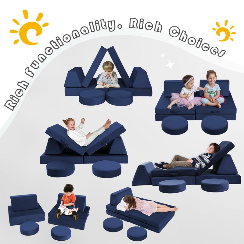 MeMoreCool Modular Kids Couch for Playroom, Navy Foam Play Couch