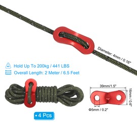 PATIKIL 4mm Tent Rope, 4 Pack 6.5ft Reflective Guyline Cord Tied Downs Rope Paracord Cord Camping Ropes with Red Aluminum Cord Adjusters for Camping Hiking Tent, Olive Green
