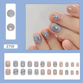 Star Square Press on Nails Short Blue Nude Fake Nails with Rhinestones Design Gold Line Glue on Nails Glossy Full Cover False Acrylic Nails for Women