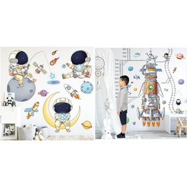Paquete de 2 Viniles con Medidor de Altura para niños y niñas, Calcomanía para Pared Estampa, Diseño Infantil, Astronautas en el Espacio y Cohete con Regla para Estatura Vinil para Decorar