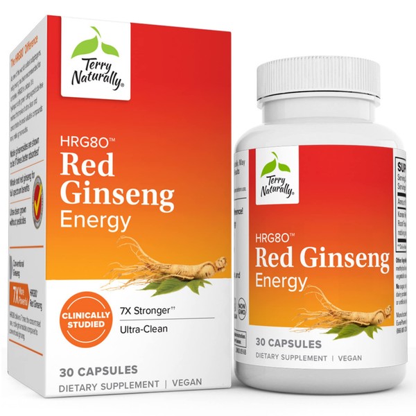 Terry Naturally HRG80 Red Ginseng Energy - 30 Capsules - Red Ginseng Root Powder, Panax Ginseng, HRG80 - Non-GMO, Vegan, Gluten Free – 30 Servings