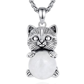 INFUSEU Cute Cat Necklace with Healing Crystal Stone for Women Teen Girls Cat Lovers, 20+2 Inch Chain, Large, Stainless Steel Chain, Quartz