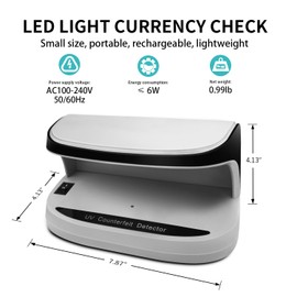 UV Counterfeit Bill Money Detector, LED Light Currency Check, Auto ON/Off, Small Footprint, Portable, Lightweight, Rechargeable, All Currencies Bills Credit Banknotes Cards Passports IDs