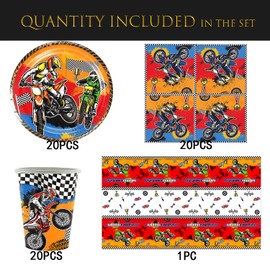 Motorcycle Party Tableware, Motorcycle Tableware, Biker Parties, Tableware for 20 Guests - Includes Tablecloth, Plates, Napkins, Cups, Table Decoration for Kids Parties