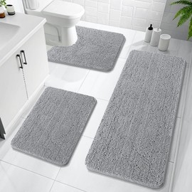 OLANLY Bathroom Rugs Sets 3 Piece, Soft Absorbent Chenille Bath Mats and U-Shaped Contour Toilet Rug, Quick Dry, Home Decor Accessories, Bath Mat Set for Floor (47"x20"+24"x16"+24"x20", Light Grey)