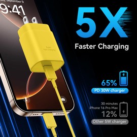 Auorld 30W USB C Fast Charger Block with 10FT Long USB C to C Cable for Phone 16/15 Pro Max/16/15, Pad, Galaxy S24/S23/S22 - Yellow