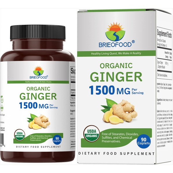 Brieofood Organic Ginger 1500mg, 45 Servings, Vegetarian, Gluten Free, 90 Vegetarian Tablets