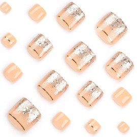 24 Pcs Champagne Press on Short Toenails - MINGCHUN Summer Fake Toenails Press ons Toenail with Glitter Owder Border Full Cover False Glue on Stick on Toenails Artificial Acrylic Toenail Art Kit