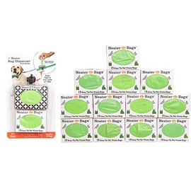 Neater Bags - Dog Waste Poop Bags with Easy-tie Handles (not on Rolls) - Includes Dispenser (210 Bags, Black & White Diamond Dispenser)