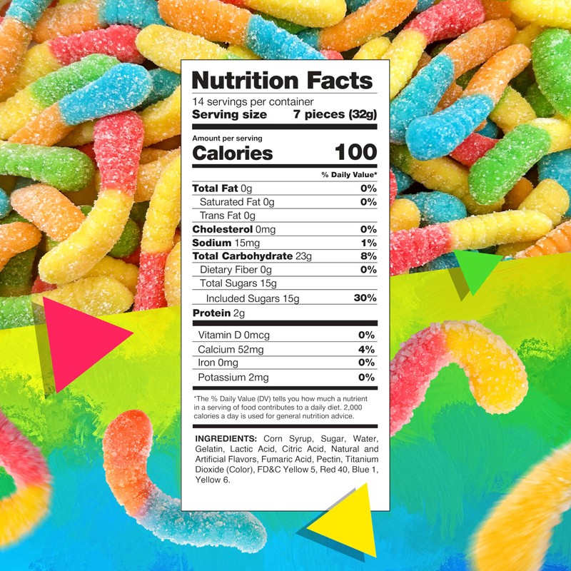 Sour Neon Gummy Worms | 1 Pound Bag | Assorted