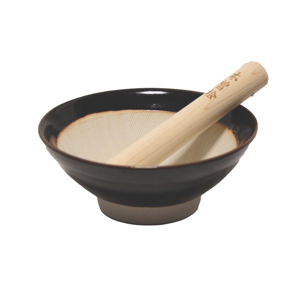 Made in Japan Ripple Ridge Mortar and Pestle Suribachi and Surikogi Set Medium 7.48 Inches Diameter for Both Right and Left Handed Black Authentic Mino Ware Pottery Medium K81713