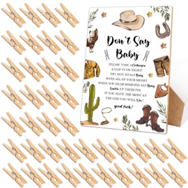 Don't Say Baby Clothespin Games Sign, Cowboy Baby Shower Games, 1 Wooden Sign with 50 Mini Clothespins, Game Activity for Baby Shower, Gender Reveal Party Favors Decorations