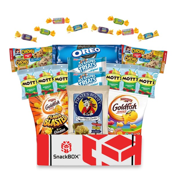 SnackBOX Kids Snacks BOX Care Package (24 Count) Back To School College Variety Pack Candy Treats Gift Baskets Guys Girls Adults Kids Grandkids Men Women Food Sampler Student Birthday Cookies Chips Finals Snack Packs Office Military and Gift Ideas