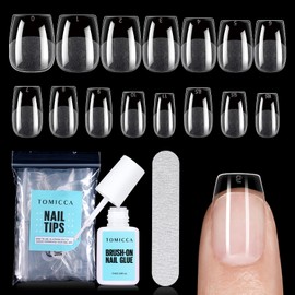 TOMICCA Nail Tips with 7 g Nail Glue Set, 240 Pieces Short Coffin Nail Tips & Glue Set, Professional Salon Quality, 12 Sizes