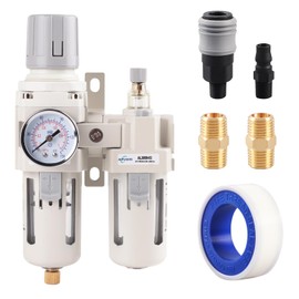 AIPUWIN Pneumatics 3/8“ NPT Compressed Air Filter Regulator Lubricator Combo Water/Oil Trap Separator,Water Separator for Air Compressor AC3010-03（0-150psi),Manual Drain,5μm Brass