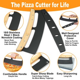 Pizza Cutter Rocker Blade 14 Inch - Razor Sharp Stainless Steel Slicer Knife Slice Pizza with Ease, Stylish Rubbre Wood Handle,With Protective Cover - Professional Pizza Oven Accessories。