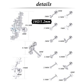 Tornito 30Pcs Cartilage CZ Stud Earrings Conch Forward Helix Tragus Daith Piercing Lip Rings Snake Heart Butterfly Jewelry for Women Men 16G Silver Gold Tone