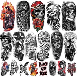 77 Sheets Temporary Tattoos, 17 Sheets Half Arm Motorcycle Skull Flame Flower Mechanical Fake Tattoos for Adults Shoulder Neck, 60 Sheets Tiny Temporary Tattoos Realistic for Men Women Boy Girl