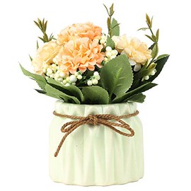 SUPNIU Ramo de hortensias artificiales con pequeño jarrón de cerámica de seda falsa variada, flores para decoración de mesa, hogar, fiesta, oficina, boda (blanco)