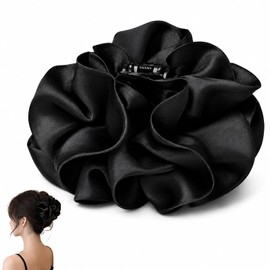 Satin Bow Hair Claw Clips 4.7IN Large Hair Clips For Women Girls Elegant Bubble Bow Ponytail Holder Claw Clip Barrettes French Black Chiffon Silk Fabric Ribbon Bow Hairclips Big Claws Hair Accessories