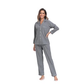 COLORFULLEAF Women's 100% Cotton Long Sleeve Pajama Sets Button Down Notched Collar Sleepwear Soft Lounge Pjs with Pockets (Dark Grey,S)