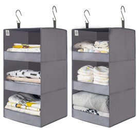 GRANNY SAYS 3-Shelf Closet Organizers and Storage, Foldable Hanging Closet Organizer, Hanging Closet Shelves with 2 Metal Hooks, Leak-Proof Closet Hanging Organizer for Locker & Camper, Gray, 2-Pack