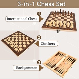 Wooden Chess Game, Chess Lady Backgammon 3 in 1 Chess Board High Quality Foldable Travel Chess Chess Board Set Portable with Chess Pieces for Children Adults Indoor Outdoor Travel