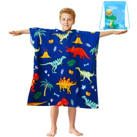 FILOWA Badeponcho Kinder Mikrofaser Badetuch mit Kapuze Strand Badehandtuch Groß Handtuch Poncho Blau Dinosaurier Strandtuch 75 * 180cm Schwimmbad Saugfähig Handtücher für 6-15 Jahre Jungen Mädchen