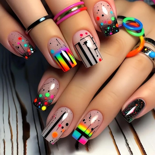 Colorful Pattern Press on Nails Gradient Design Fake Nails Medium