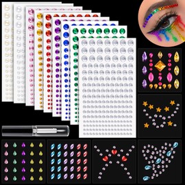 15 Sheets Face Rhinestones and Pearl Stickers Set 4 with 9 Colors, Mixed shape Self Adhesive Gems Face Jewels Stick on, with Glue for Makeup Eyes Face Hair Nails Body, Crafts and Decorations