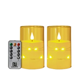 Guluto Flameless LED Candles, Non-breakable Battery Operated Candles with Embedded Star String, D 3"×H 4", Set of 2, Flickering Pillar Candle with Remote and Timer for Birthday Home Decoration (Gold)