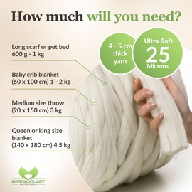 Meriwoolart® 100% XXL Merino Wool Yarn, 4 - 5 cm Thick Wool Yarn, Felting Wool Dry Felting, Wet Felting, DIY Wool Yarn Blanket, Baby Wool, Arm Knitting Blanket Yarn, White, 100 g