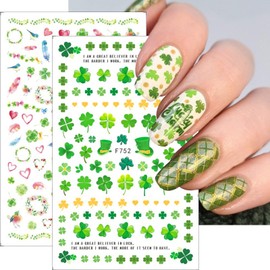 8 Sheets St. Patrick’s Day Nail Art Stickers Shamrock Nail Stickers 3D Self-Adhesive Luck of The Irish Nail Decals Green Four Leaf Clover Nail Supplies for Irish Spring Summer Nail Design Nail Decor