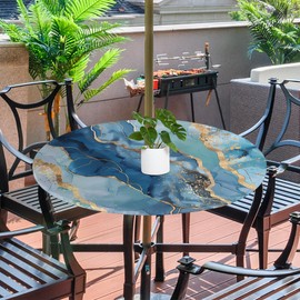 OSAM SPACE Outdoor Tablecloth with Umbrella Hole, Round Elastic Fitted Table Cloth with Invisible Zipper,Abstract Liquid Teal Blue Marble Picnic Patio Table Cover 45-56in