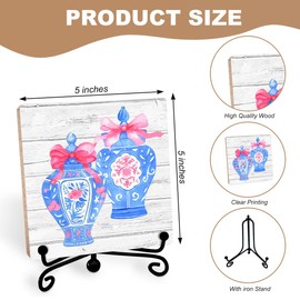 Girls Home Decorative Sign, Coquette Plaque Wooden with Stand, Bow Chinoiserie Vase Gifts for Women Girls, Table Desk Cubicles Accessories for Girls Room Bedroom Home Decorations
