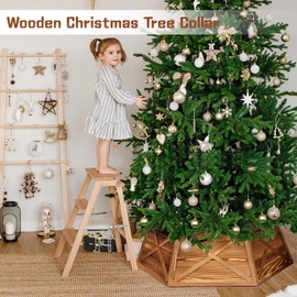 AtawLege Wood Christmas Collar, 27" Hexagon Vintage Wooden Rustic Farmhouse Tree Base Cover with X-Pattern, Natural Handcrafted Tree Skirt Stand Box for Home Party Decor